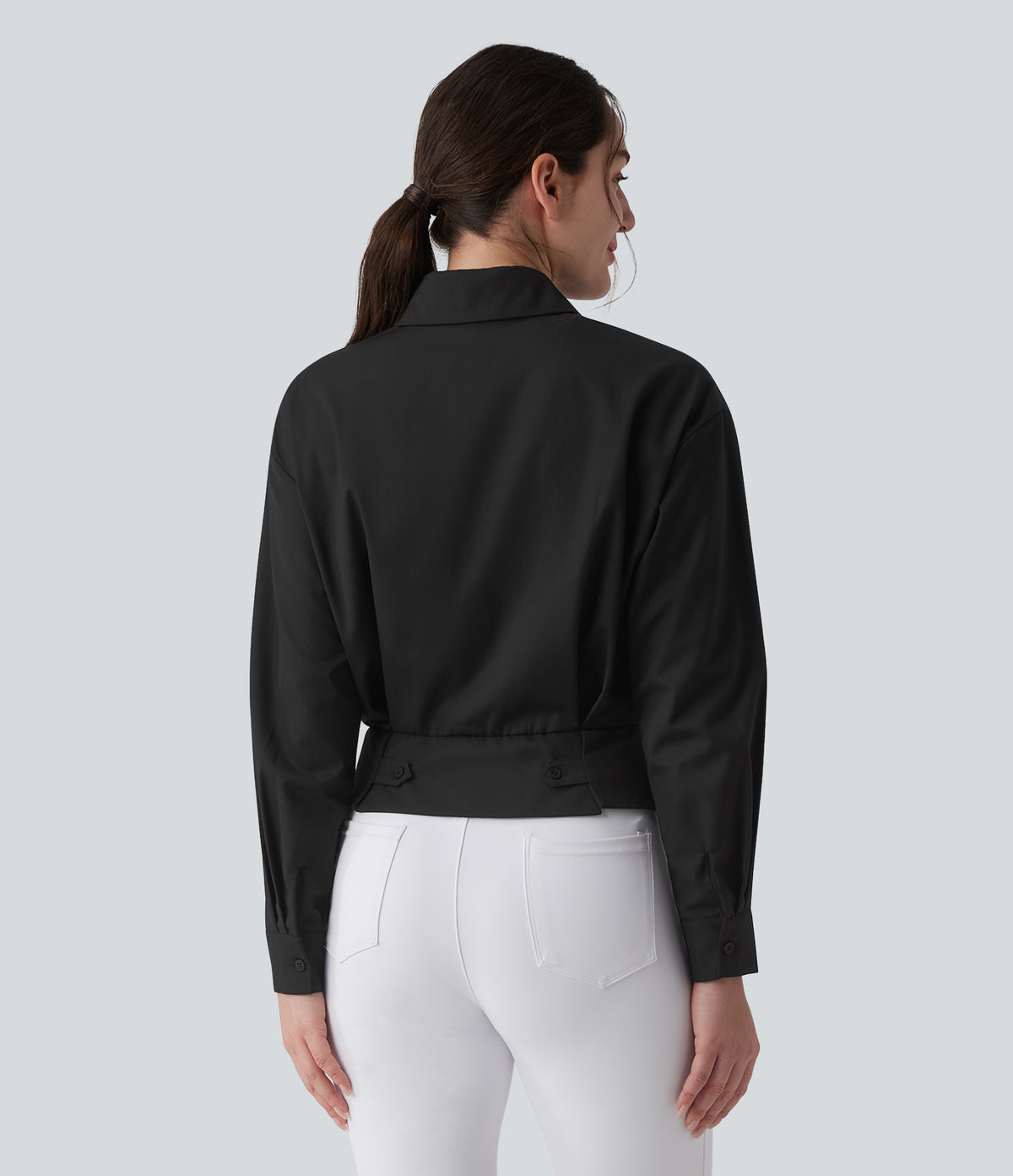 Collar Long Sleeve Adjustable Cinched Waist Work Shirt — Black — view 2