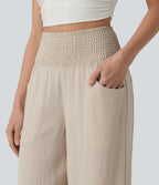 High Waisted Shirred Linen-Feel Casual Bubble Trousers with Pockets — French Oak — view 4