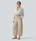 High Waisted Shirred Linen-Feel Casual Bubble Trousers with Pockets — French Oak — view 7