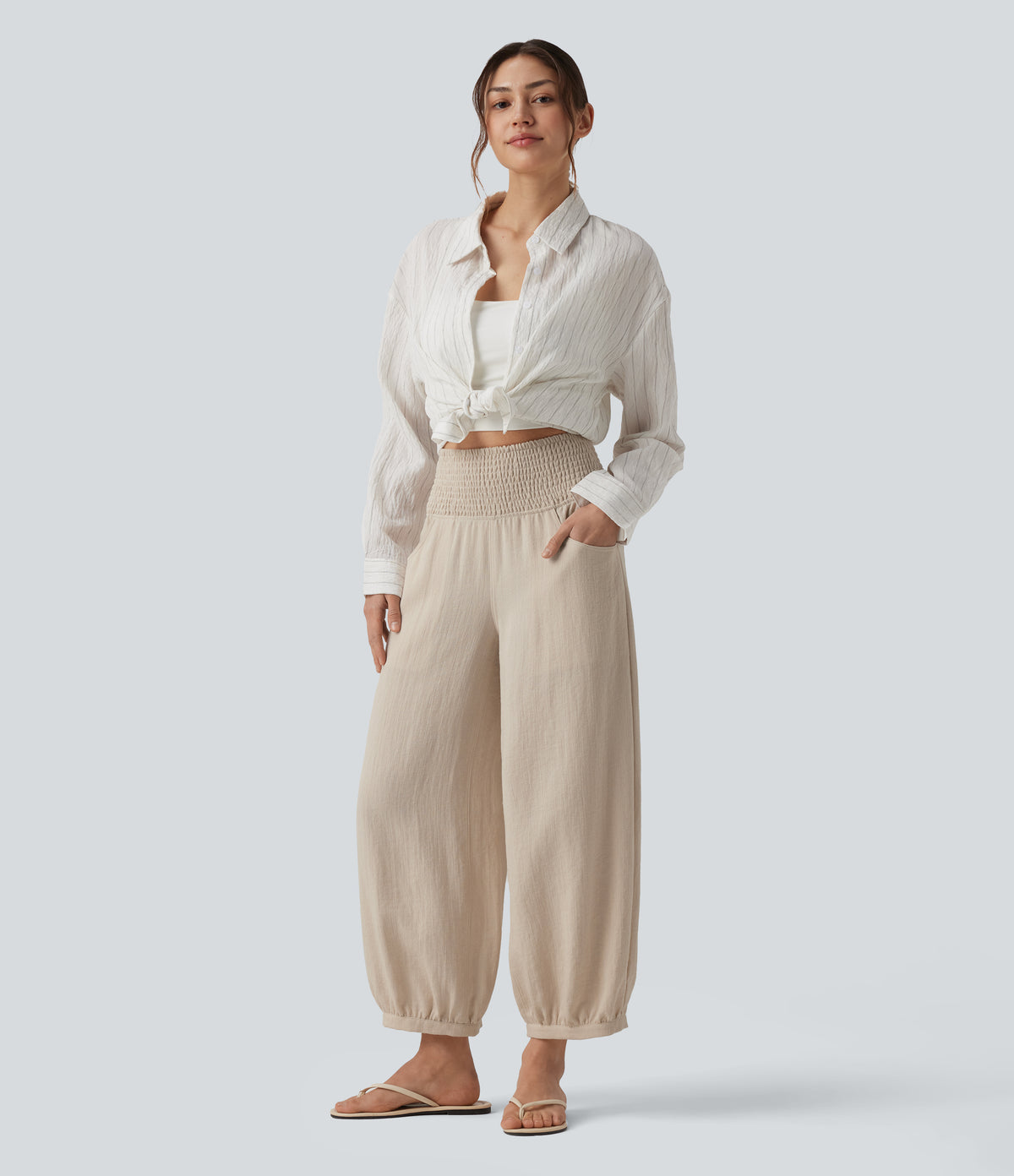 High Waisted Shirred Linen-Feel Casual Bubble Trousers with Pockets — French Oak — view 7