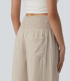 High Waisted Shirred Linen-Feel Casual Bubble Trousers with Pockets — French Oak — view 5