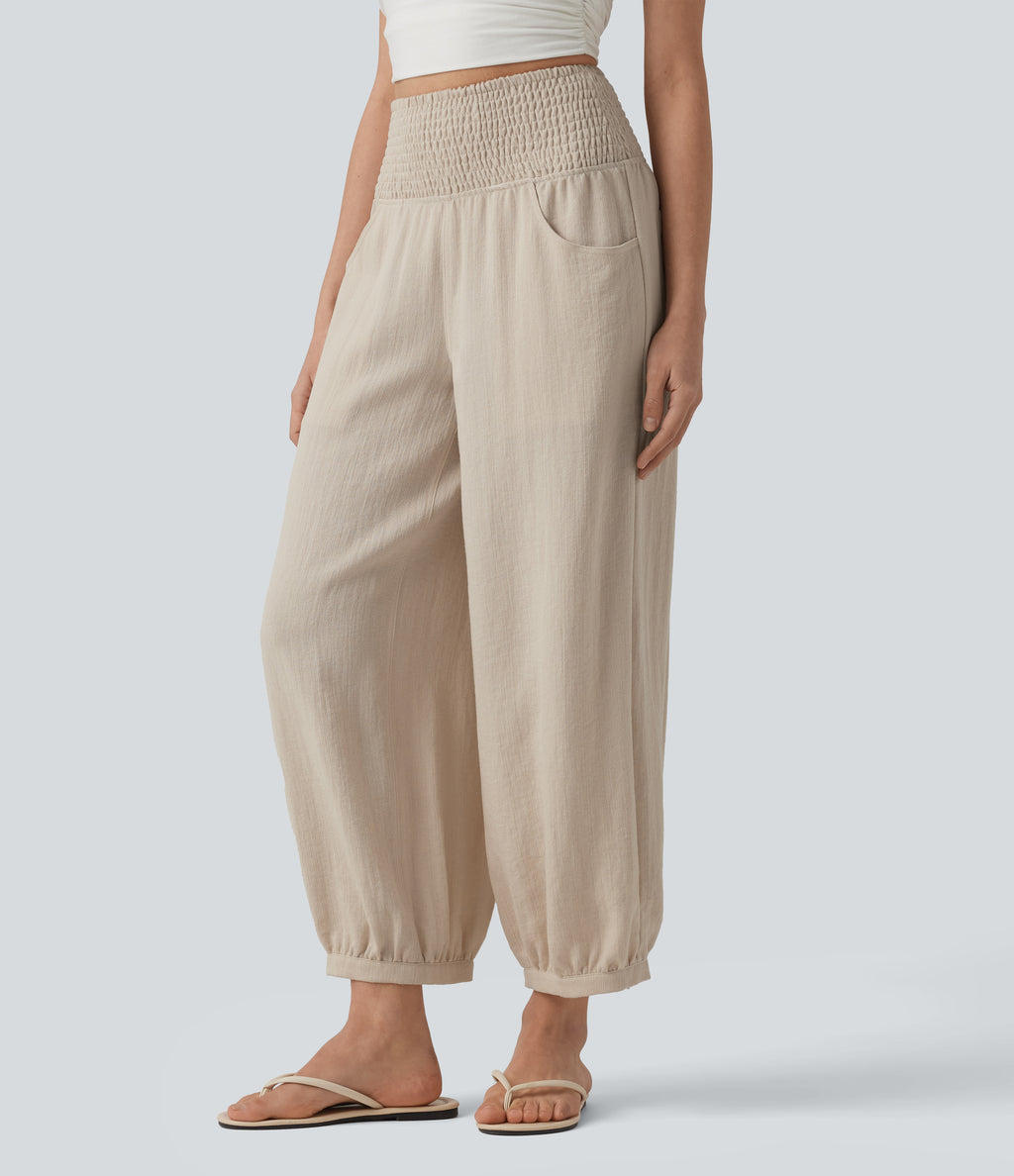 High Waisted Shirred Linen-Feel Casual Bubble Trousers with Pockets — French Oak — view 1