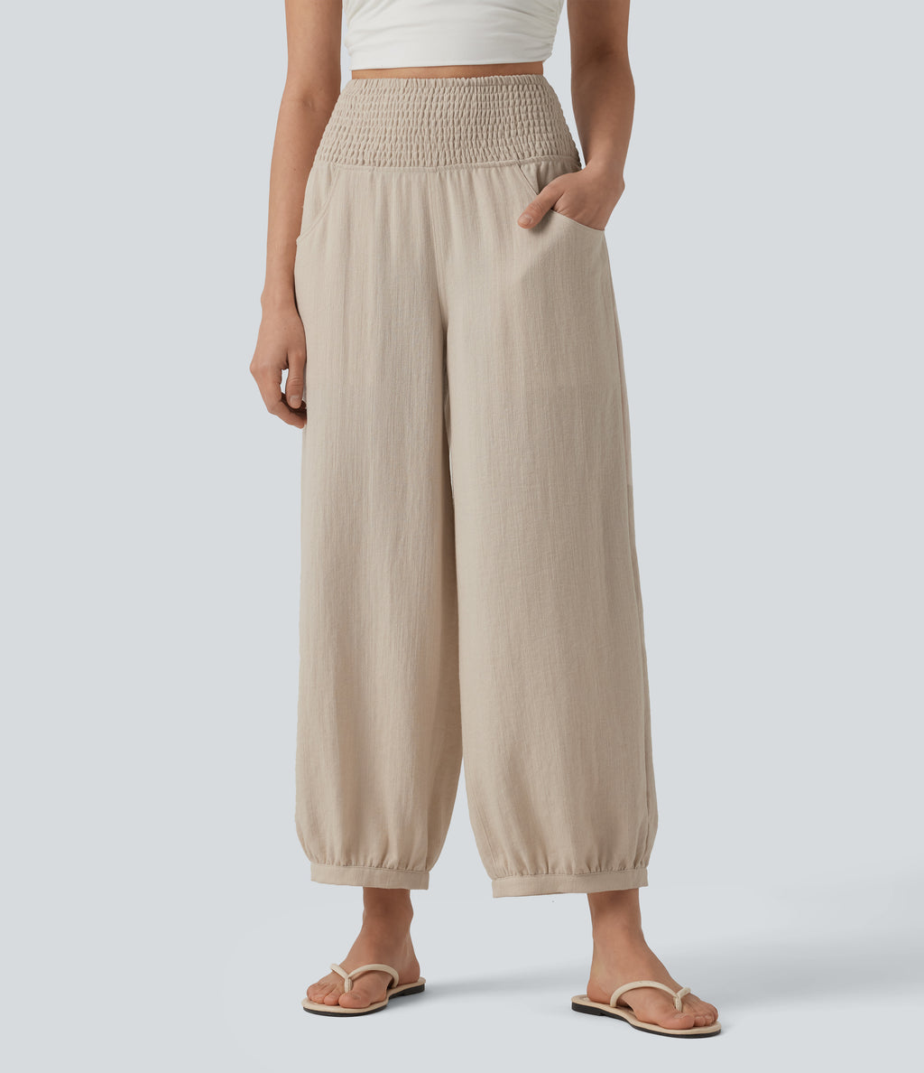 High Waisted Shirred Linen-Feel Casual Bubble Trousers with Pockets — French Oak — view 3