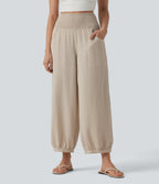 High Waisted Shirred Linen-Feel Casual Bubble Trousers with Pockets — French Oak — view 3