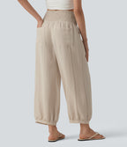 High Waisted Shirred Linen-Feel Casual Bubble Trousers with Pockets — French Oak — view 2