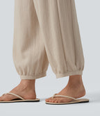 High Waisted Shirred Linen-Feel Casual Bubble Trousers with Pockets — French Oak — view 6