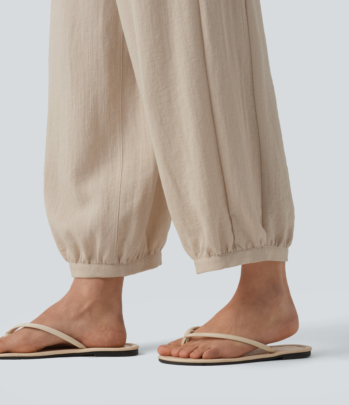 High Waisted Shirred Linen-Feel Casual Bubble Trousers with Pockets — French Oak — view 6