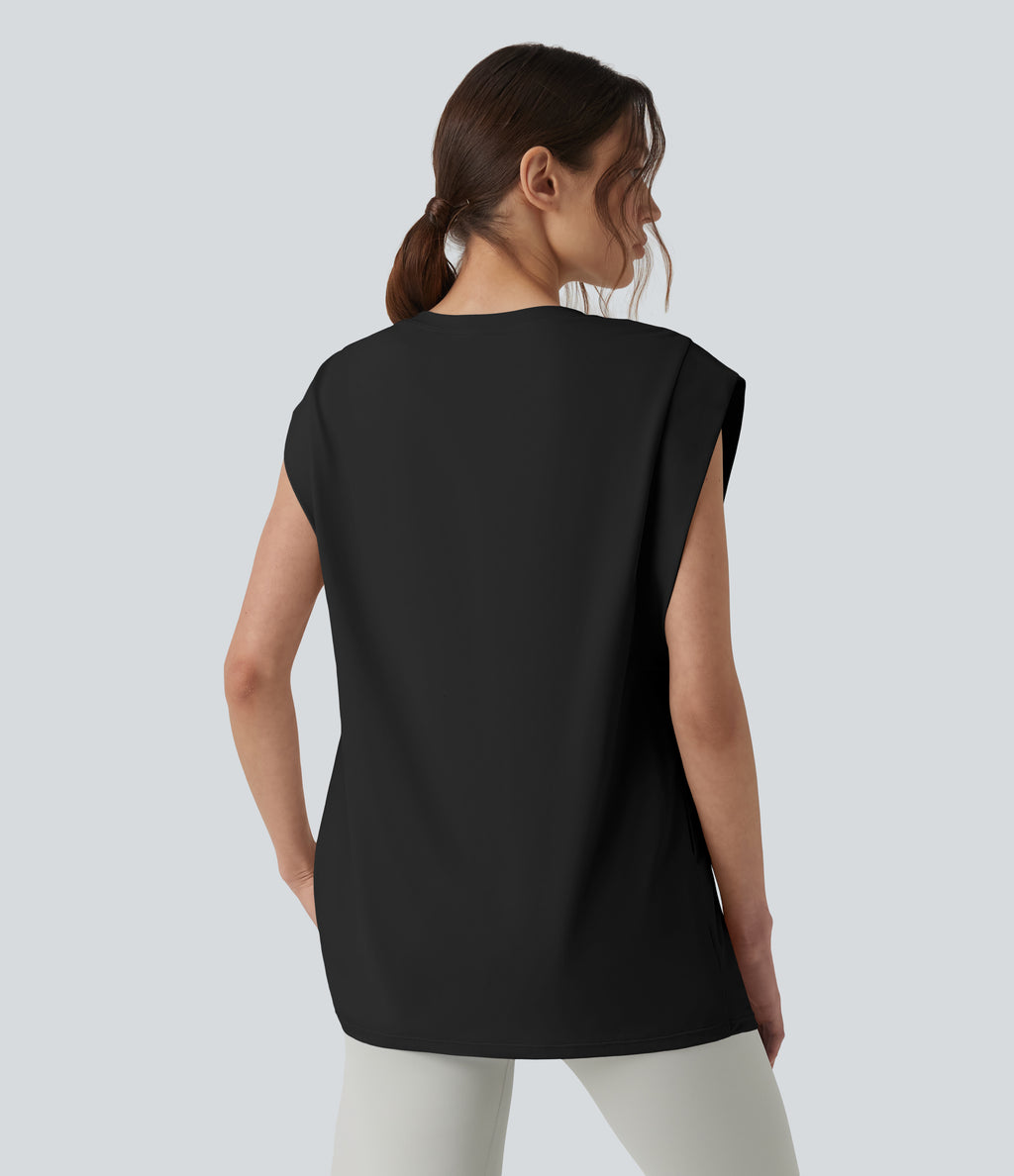 Round Neck InstantCool Yoga Tank Top with Pockets-UPF50+ — Black — view 2