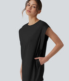 Round Neck InstantCool Yoga Tank Top with Pockets-UPF50+ — Black — view 5