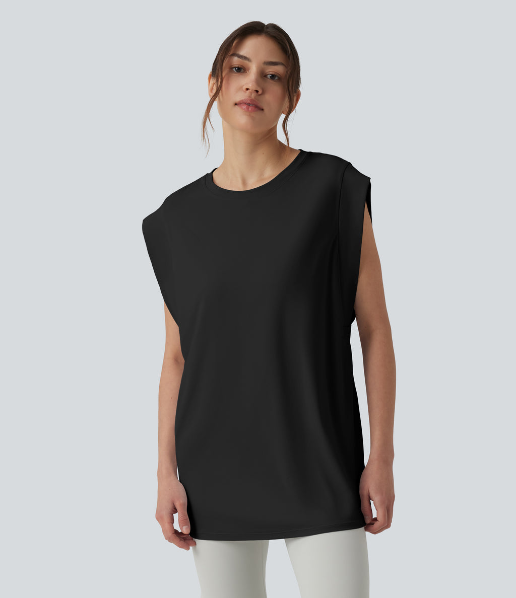Round Neck InstantCool Yoga Tank Top with Pockets-UPF50+ — Black — view 4