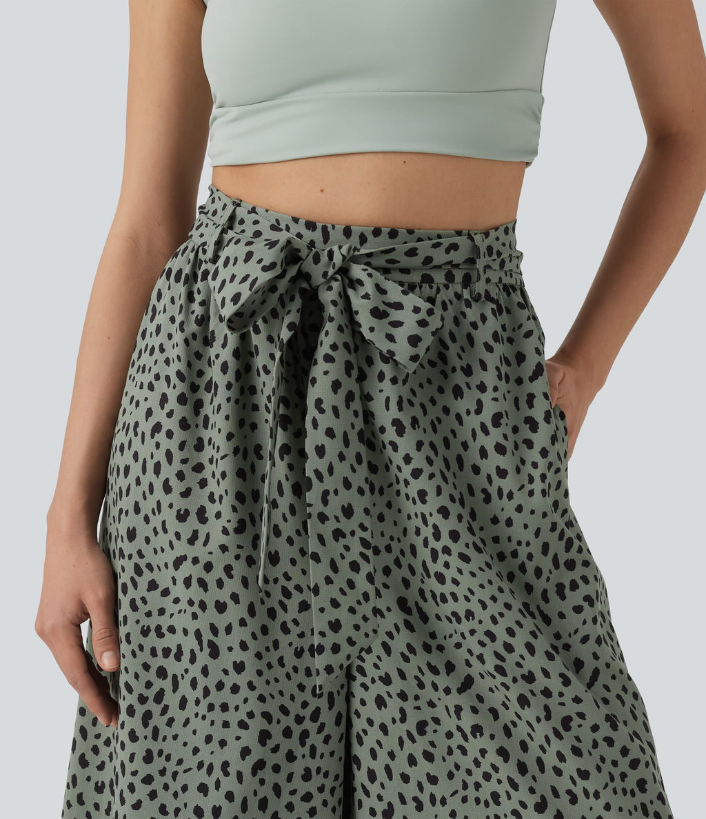High Waisted Tie Front Wide Leg Leopard Print Casual Trousers with Pockets — Agave Green — view 5