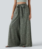 High Waisted Tie Front Wide Leg Leopard Print Casual Trousers with Pockets — Agave Green — view 3