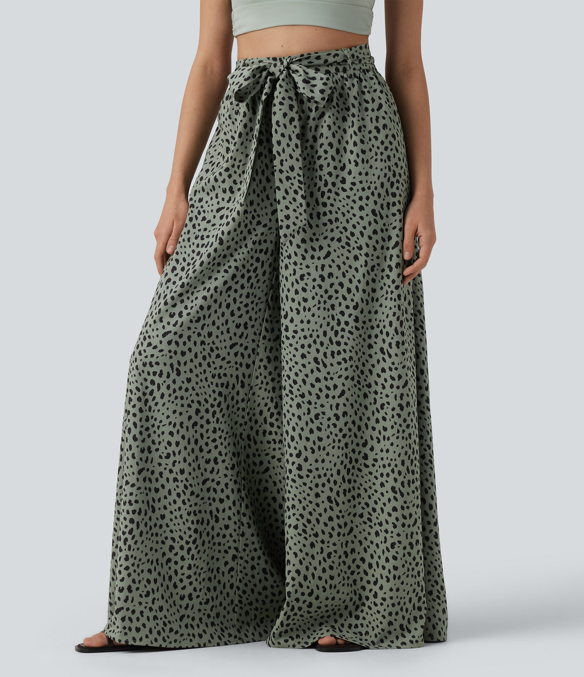 High Waisted Tie Front Wide Leg Leopard Print Casual Trousers with Pockets — Agave Green — view 3