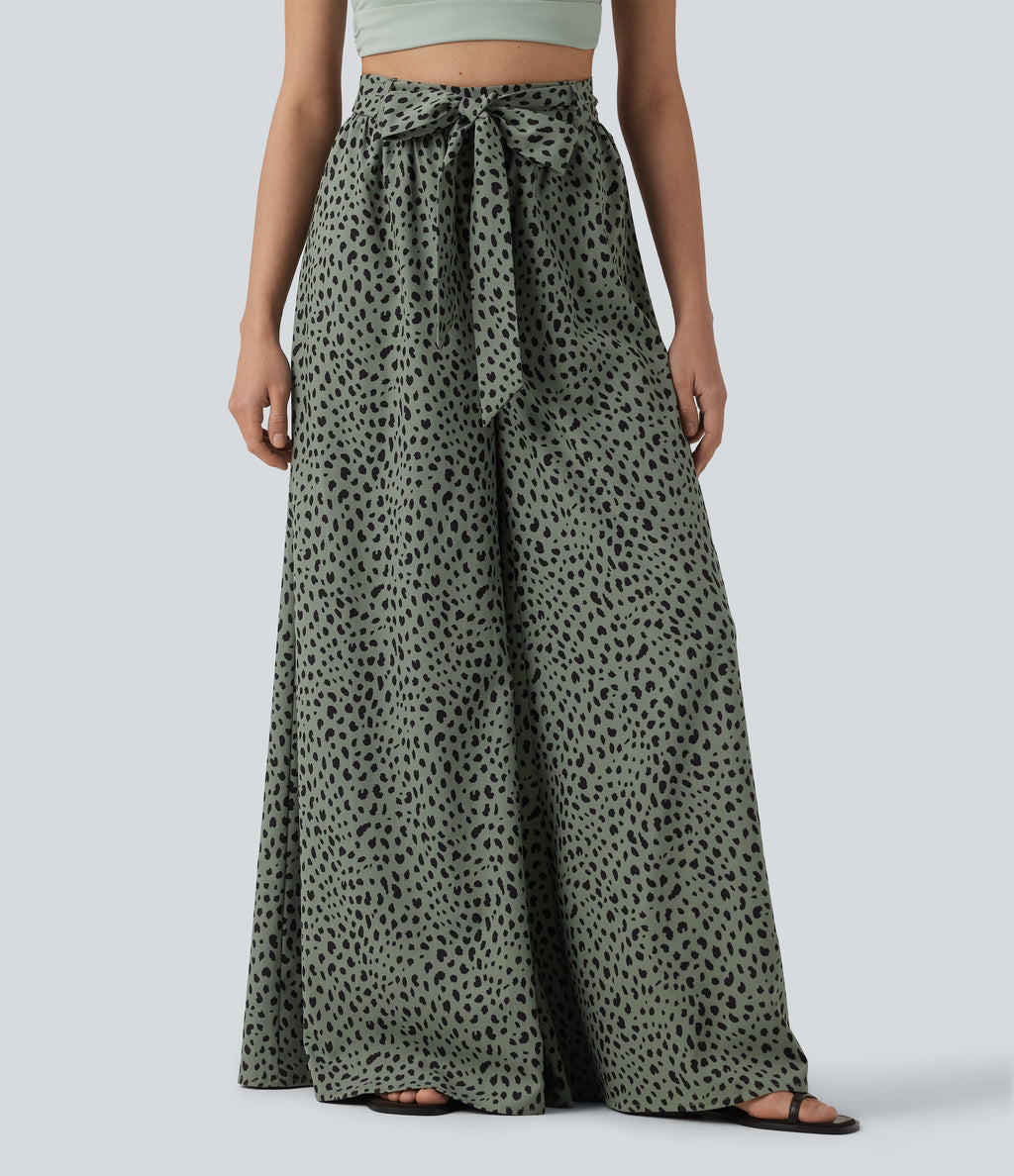 High Waisted Tie Front Wide Leg Leopard Print Casual Trousers with Pockets — Agave Green — view 1
