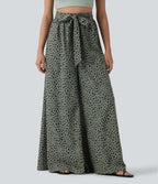 High Waisted Tie Front Wide Leg Leopard Print Casual Trousers with Pockets — Agave Green — view 1