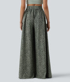 High Waisted Tie Front Wide Leg Leopard Print Casual Trousers with Pockets — Agave Green — view 2