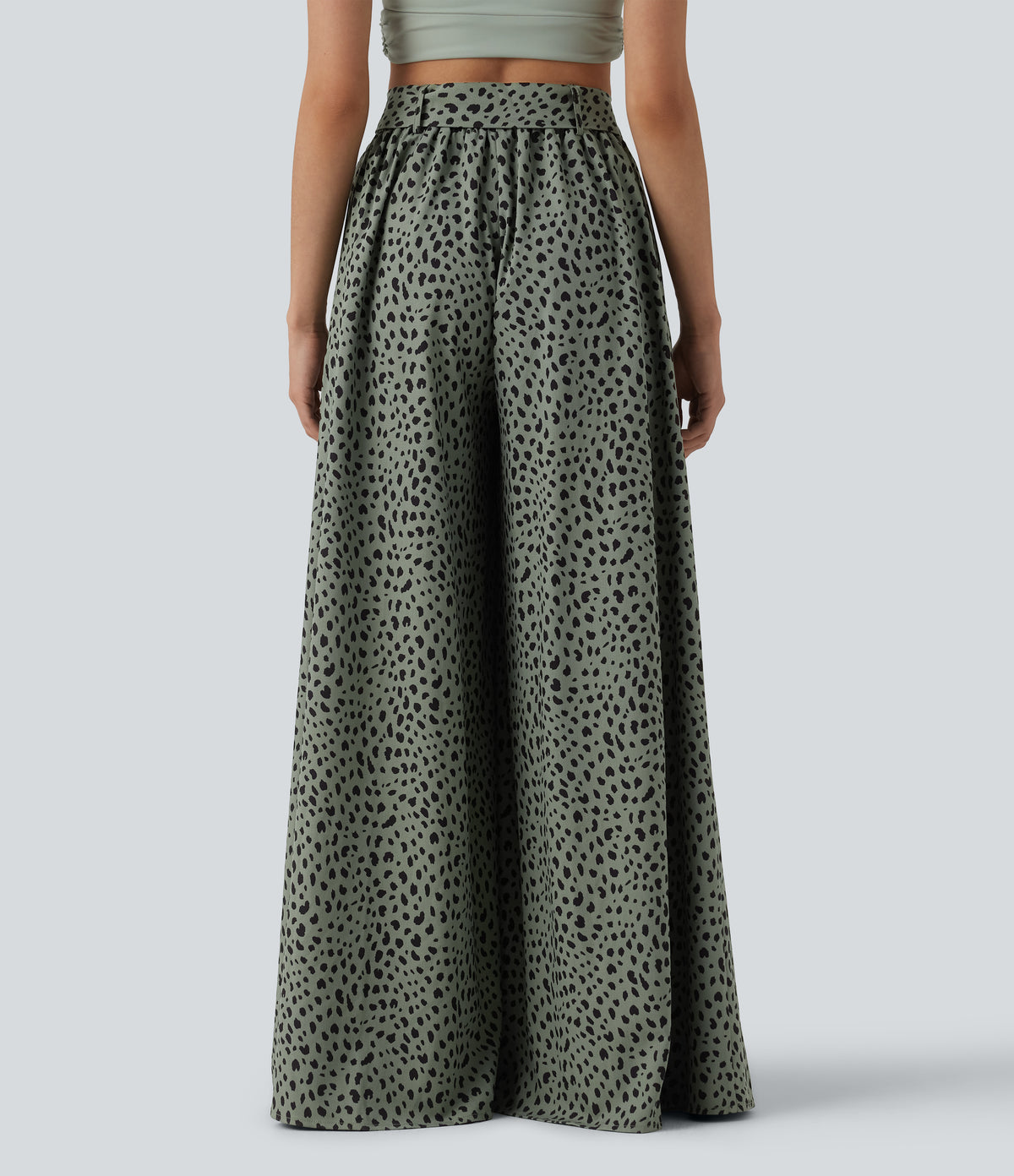 High Waisted Tie Front Wide Leg Leopard Print Casual Trousers with Pockets — Agave Green — view 2