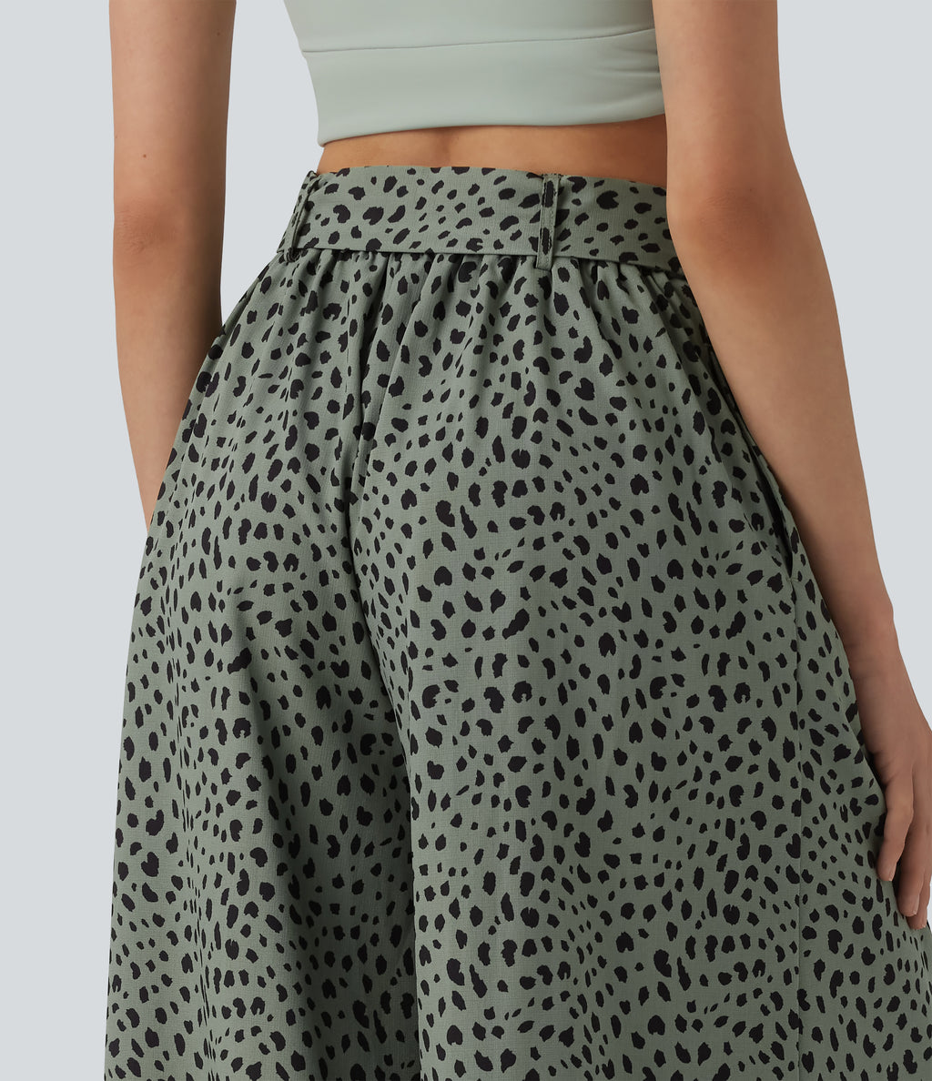 High Waisted Tie Front Wide Leg Leopard Print Casual Trousers with Pockets — Agave Green — view 4