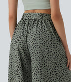 High Waisted Tie Front Wide Leg Leopard Print Casual Trousers with Pockets — Agave Green — view 4