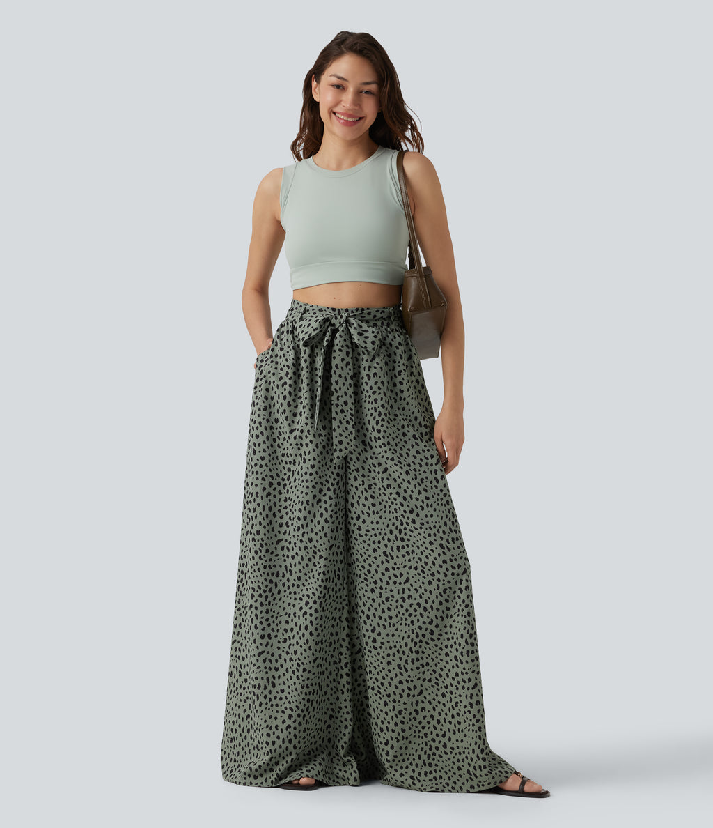 High Waisted Tie Front Wide Leg Leopard Print Casual Trousers with Pockets — Agave Green — view 6