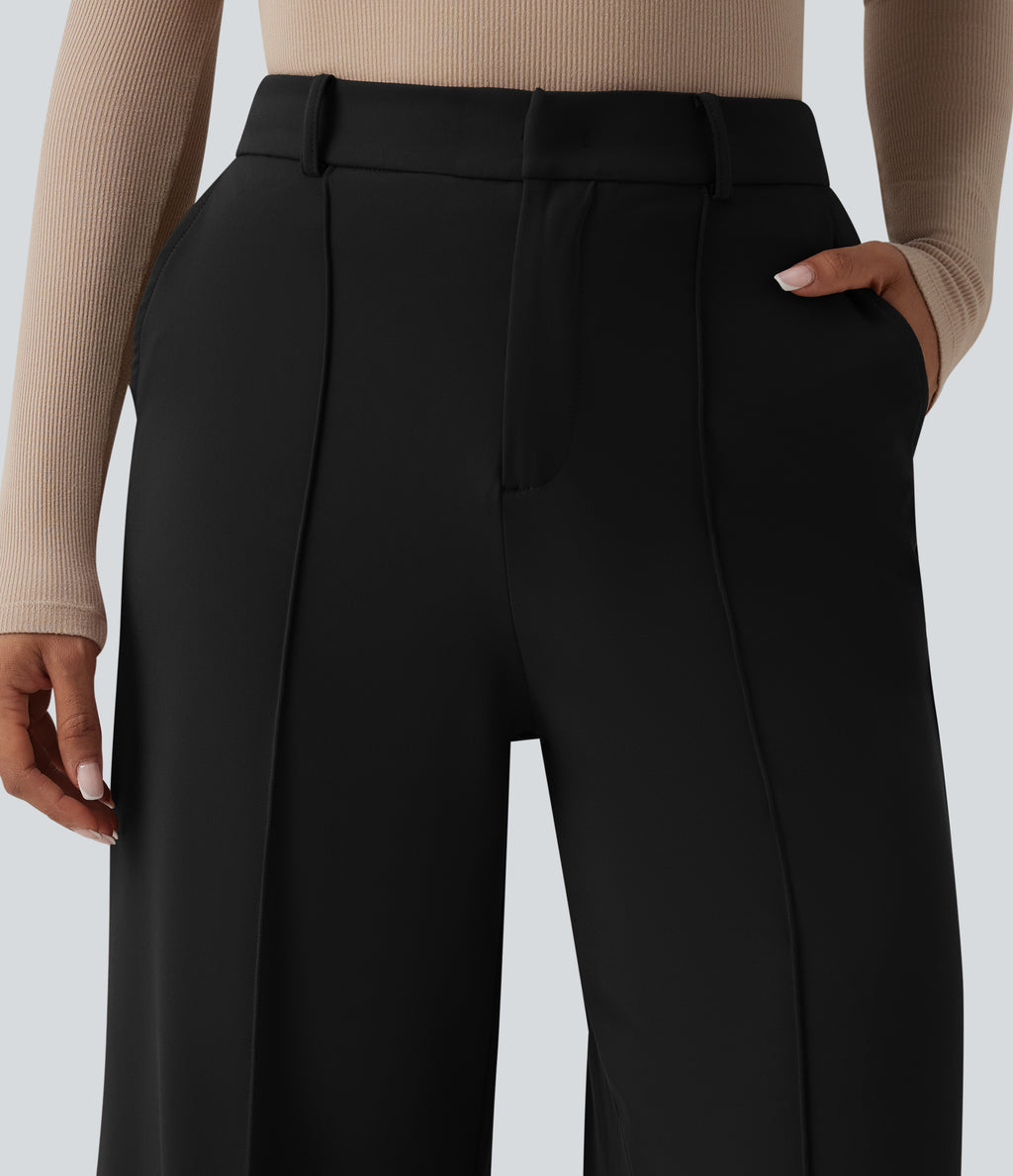 High Waisted Work Wide Leg Trousers with Pockets — Black — view 4