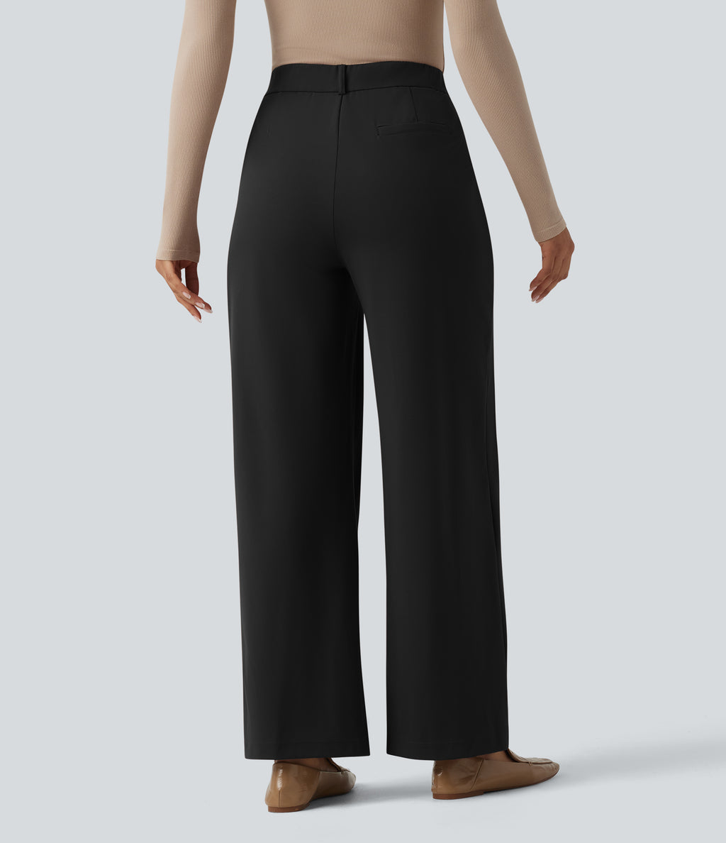 High Waisted Work Wide Leg Trousers with Pockets — Black — view 2