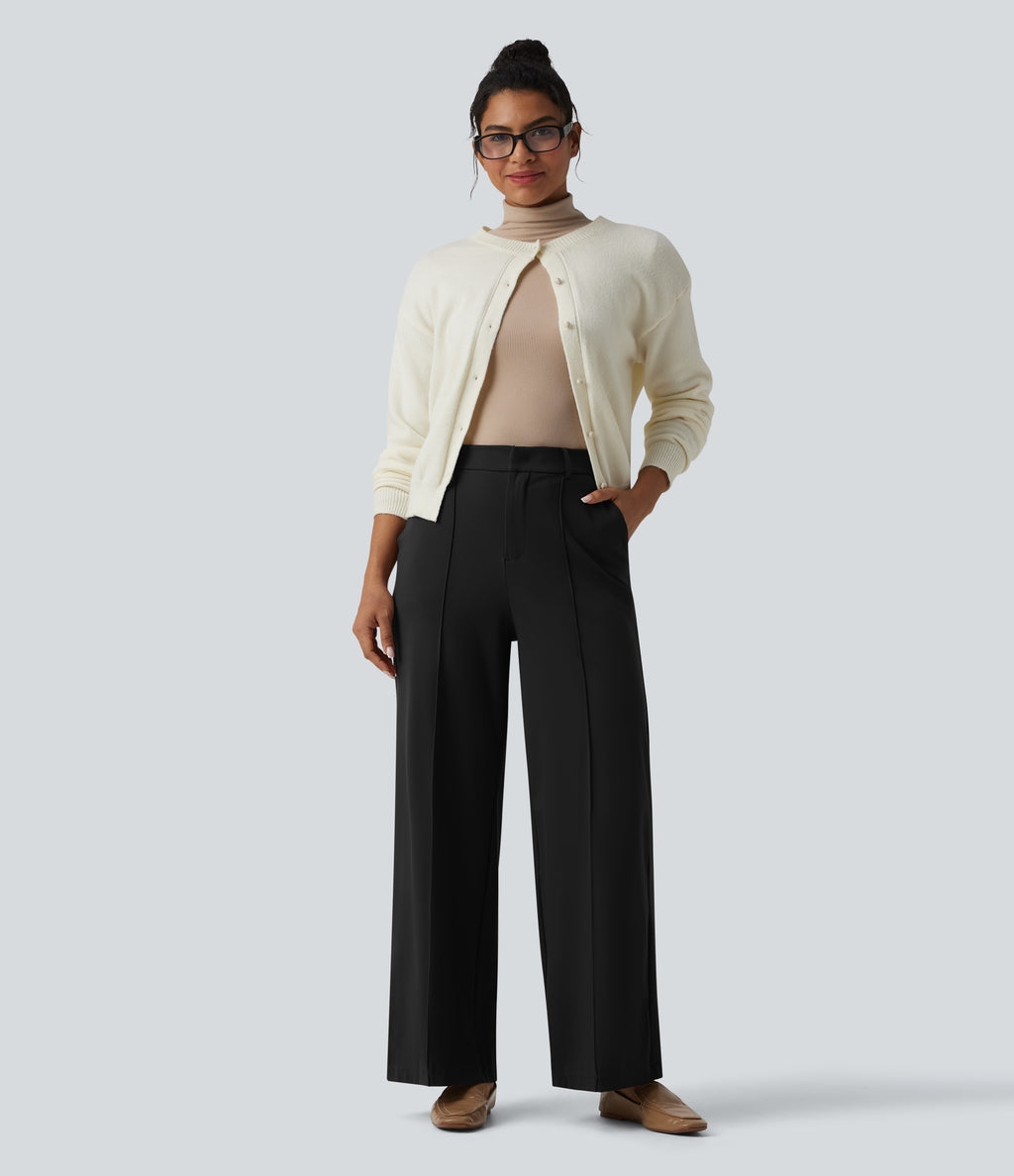 High Waisted Work Wide Leg Trousers with Pockets — Black — view 7