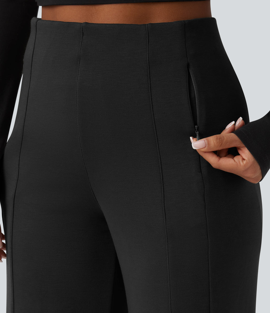 SpacerTek High Waisted Casual Wide Leg Trousers with Zip Pockets — Black — view 4