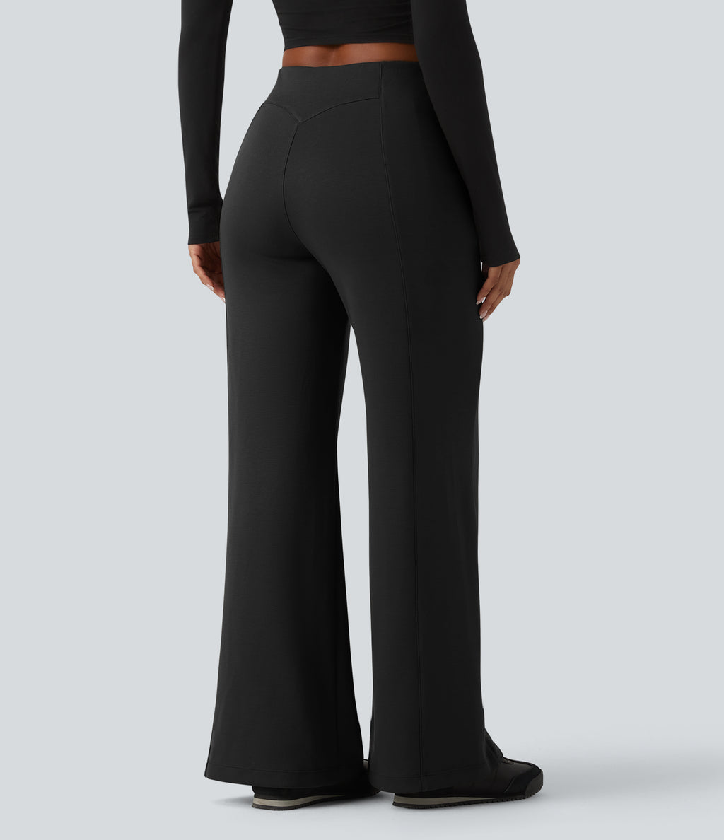 SpacerTek High Waisted Casual Wide Leg Trousers with Zip Pockets — Black — view 2