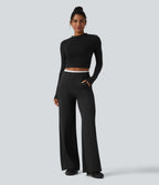 SpacerTek High Waisted Casual Wide Leg Trousers with Zip Pockets — Black — view 6
