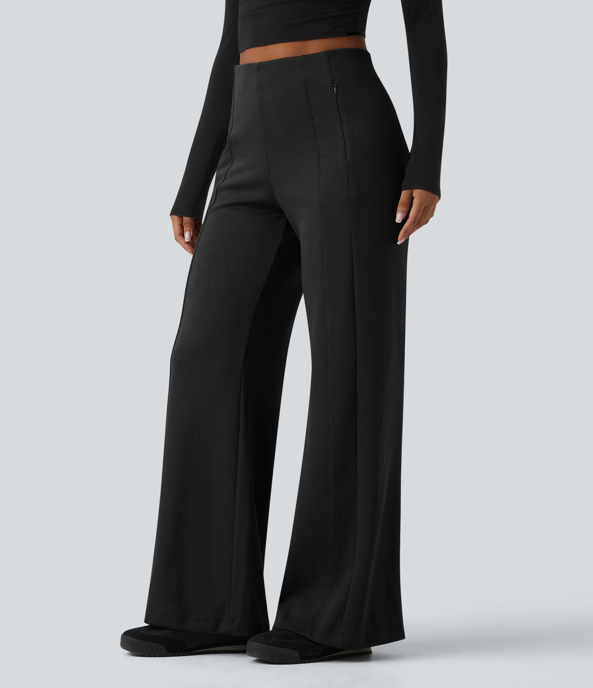 SpacerTek High Waisted Casual Wide Leg Trousers with Zip Pockets — Black — view 1