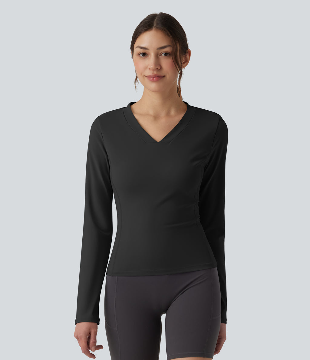 Airy V-neck Long Sleeve InstantCool Workout Sports Top — Black — view 4