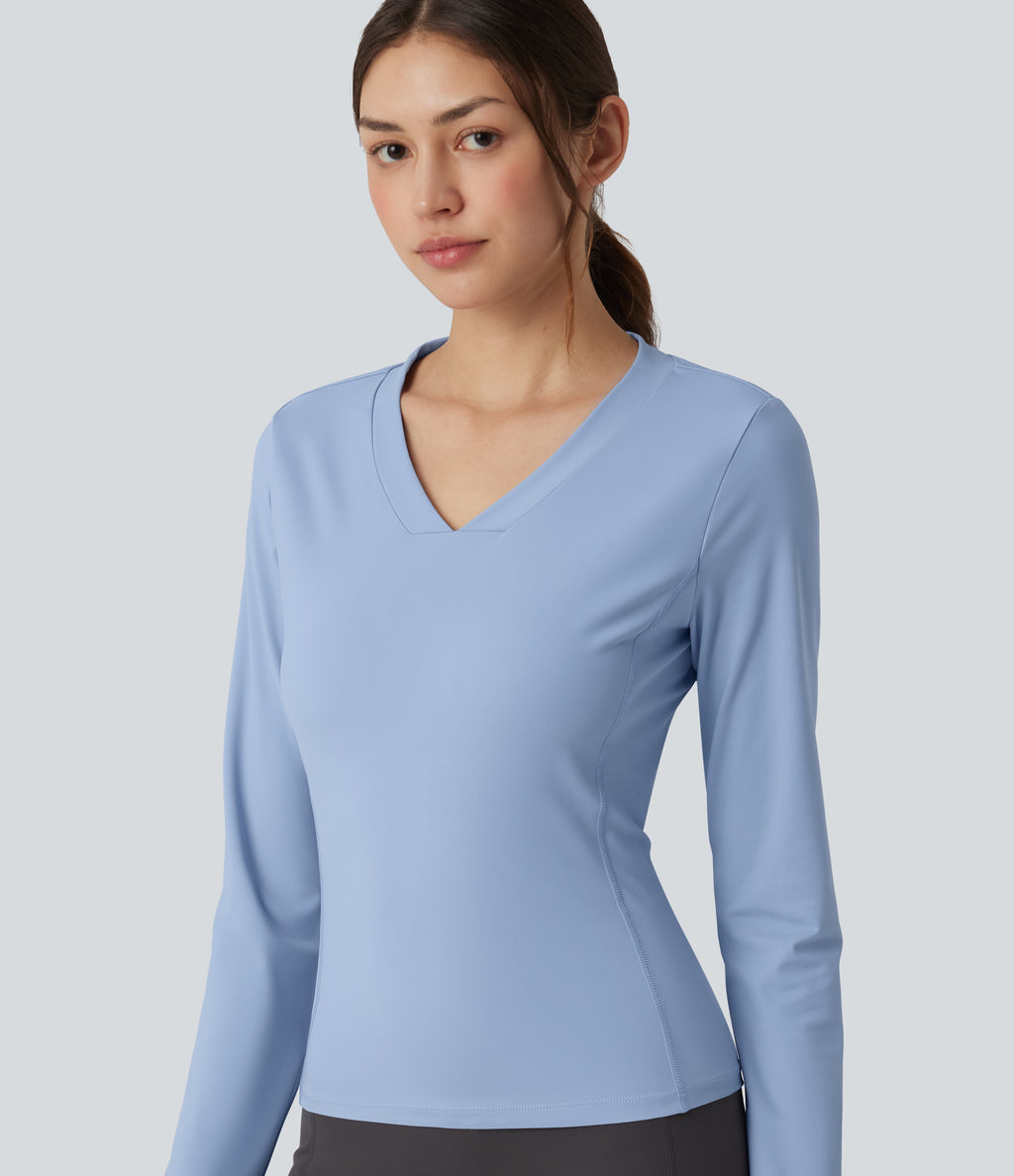 Airy V-neck Long Sleeve InstantCool Workout Sports Top — Chambray Blue — view 6
