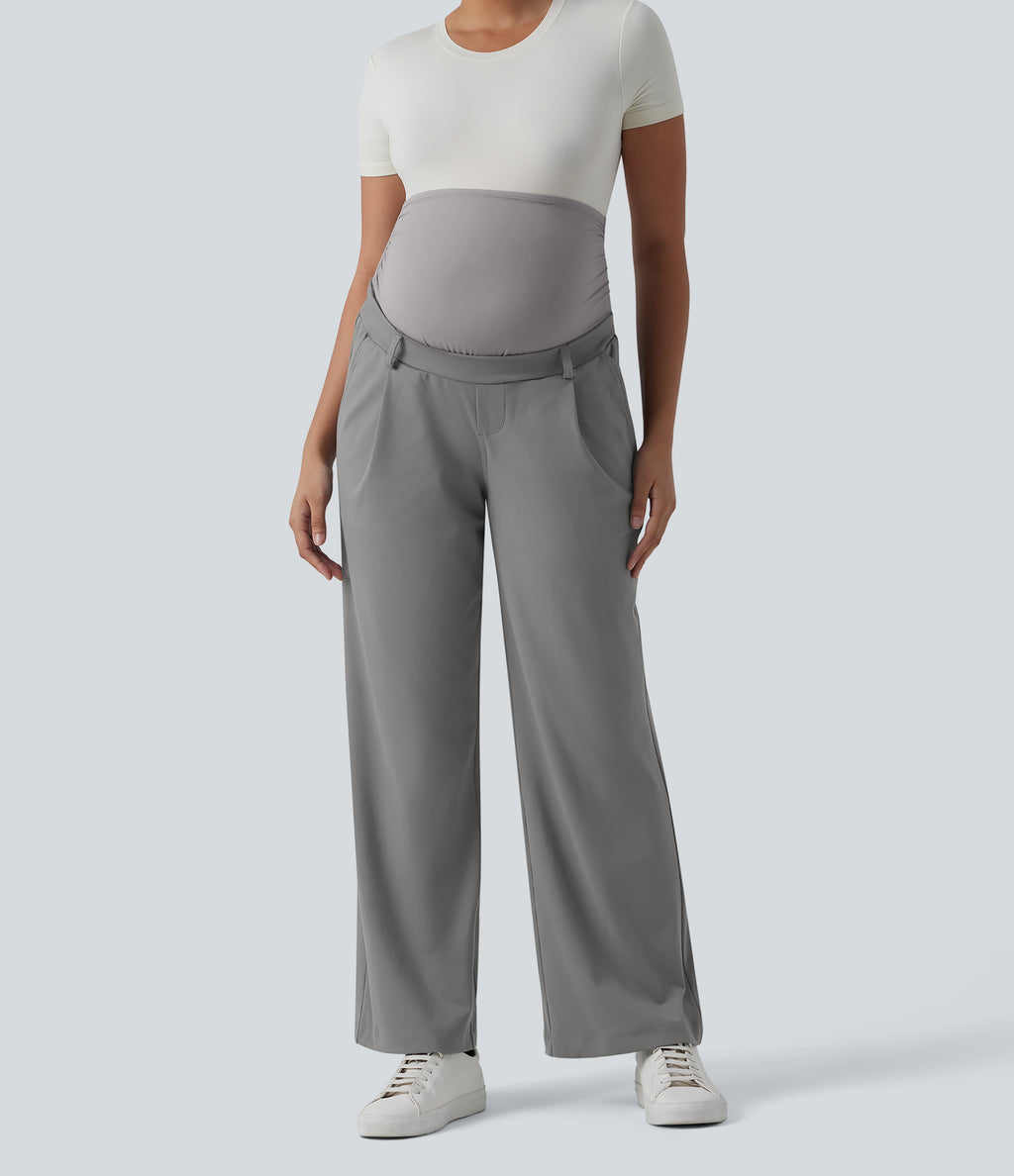 Super High Waisted Straight Leg Work Maternity Trousers with Pockets — Silent Storm — view 6