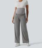 Super High Waisted Straight Leg Work Maternity Trousers with Pockets — Silent Storm — view 6