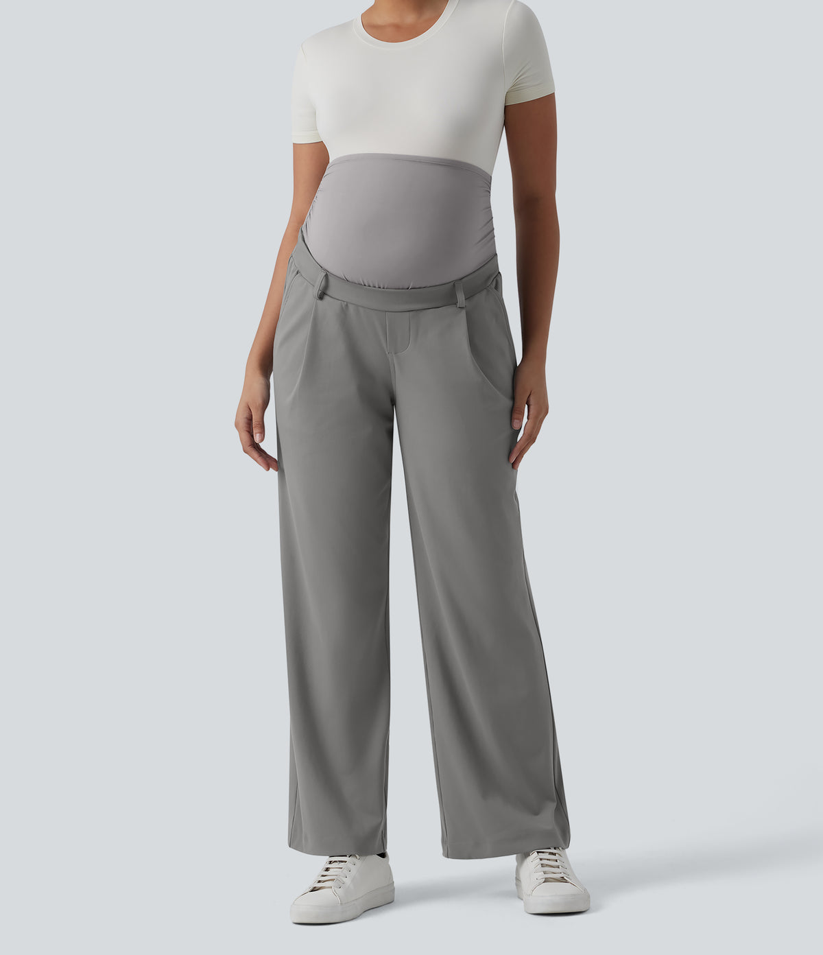 Super High Waisted Straight Leg Work Maternity Trousers with Pockets — Silent Storm — view 6