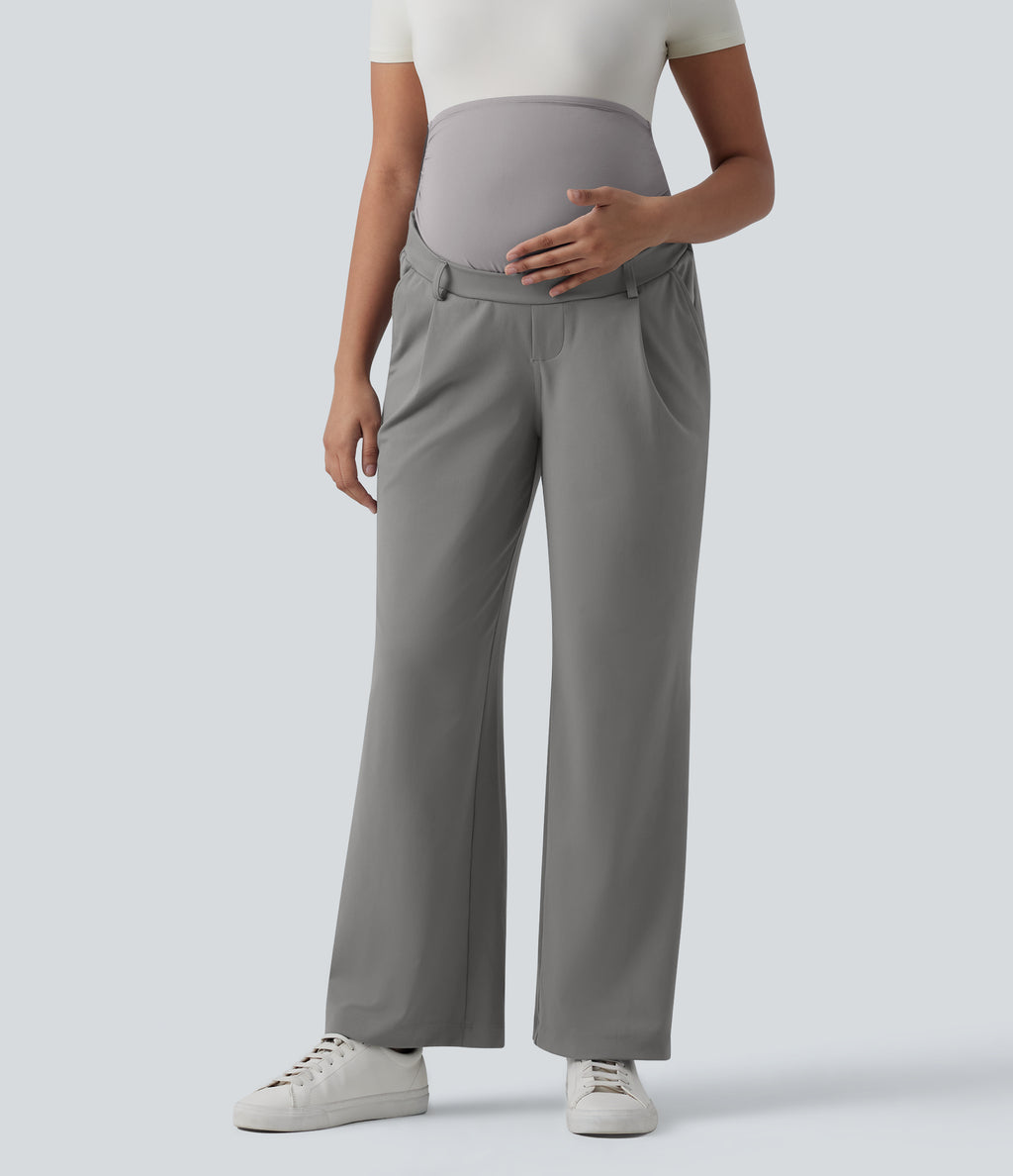 Super High Waisted Straight Leg Work Maternity Trousers with Pockets — Silent Storm — view 3