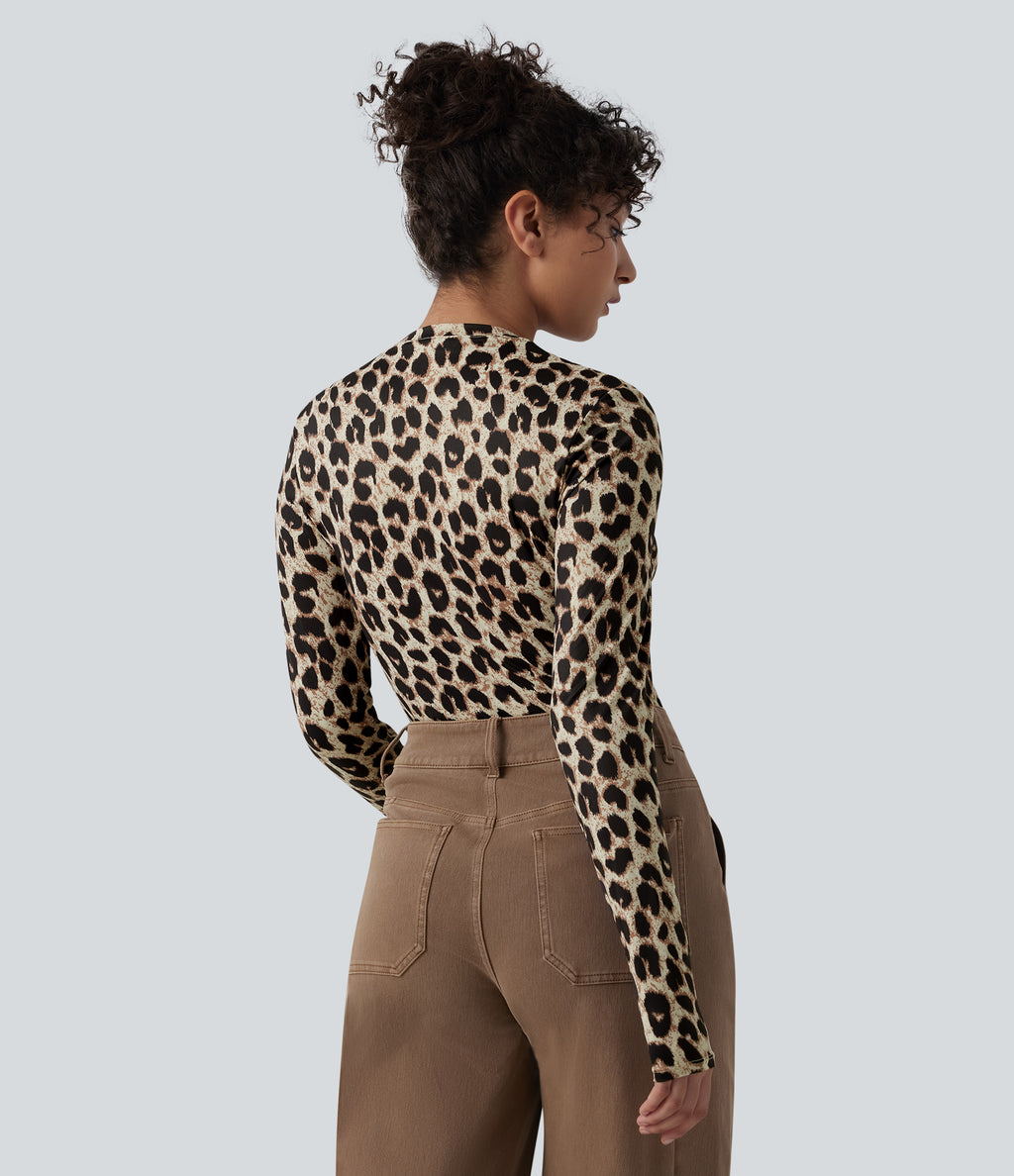 Round Neck Long Sleeve Leopard Print Casual Slim Top — Amberclaw Leopard — view 2