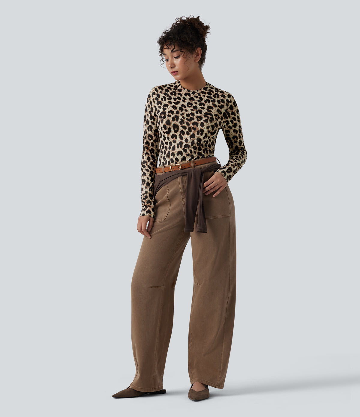 Round Neck Long Sleeve Leopard Print Casual Slim Top — Amberclaw Leopard — view 7