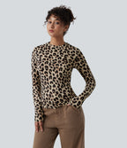 Round Neck Long Sleeve Leopard Print Casual Slim Top — Amberclaw Leopard — view 5
