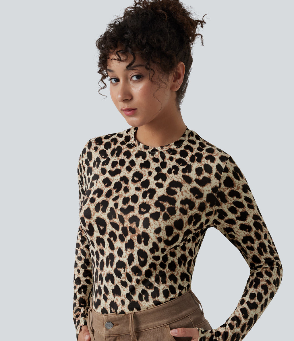 Round Neck Long Sleeve Leopard Print Casual Slim Top — Amberclaw Leopard — view 1