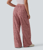 High Waisted Drawstring Wide Leg Leopard Print Waffle Casual Trousers with Pockets — Rose Panther — view 2