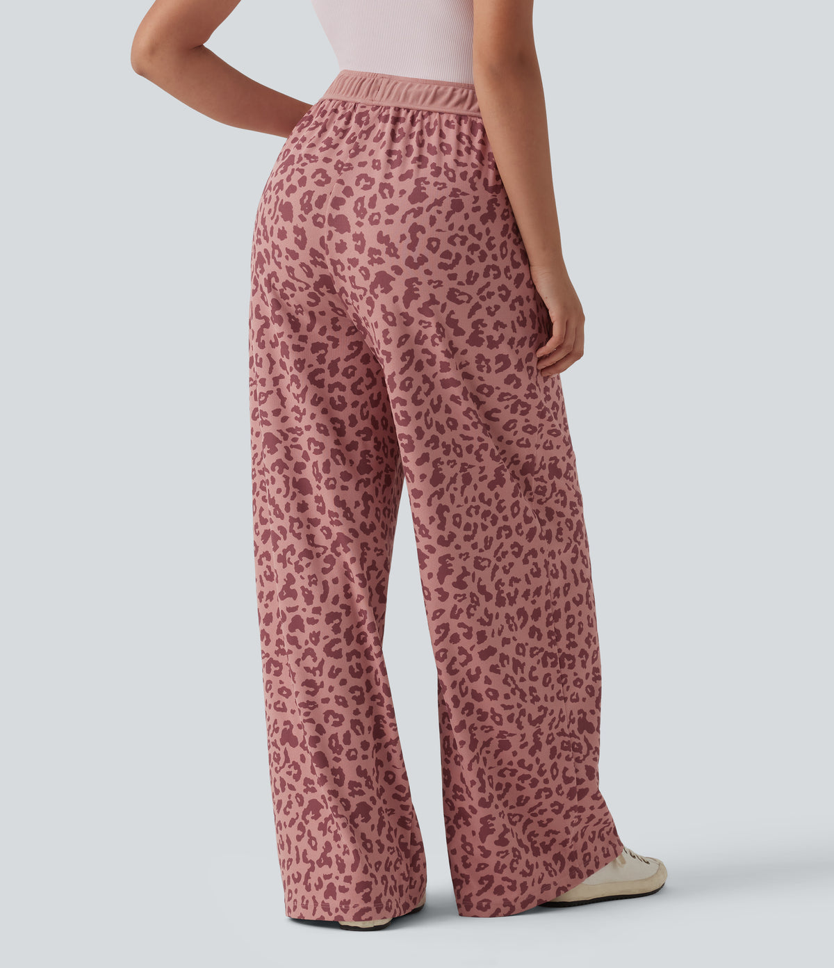 High Waisted Drawstring Wide Leg Leopard Print Waffle Casual Trousers with Pockets — Rose Panther — view 2