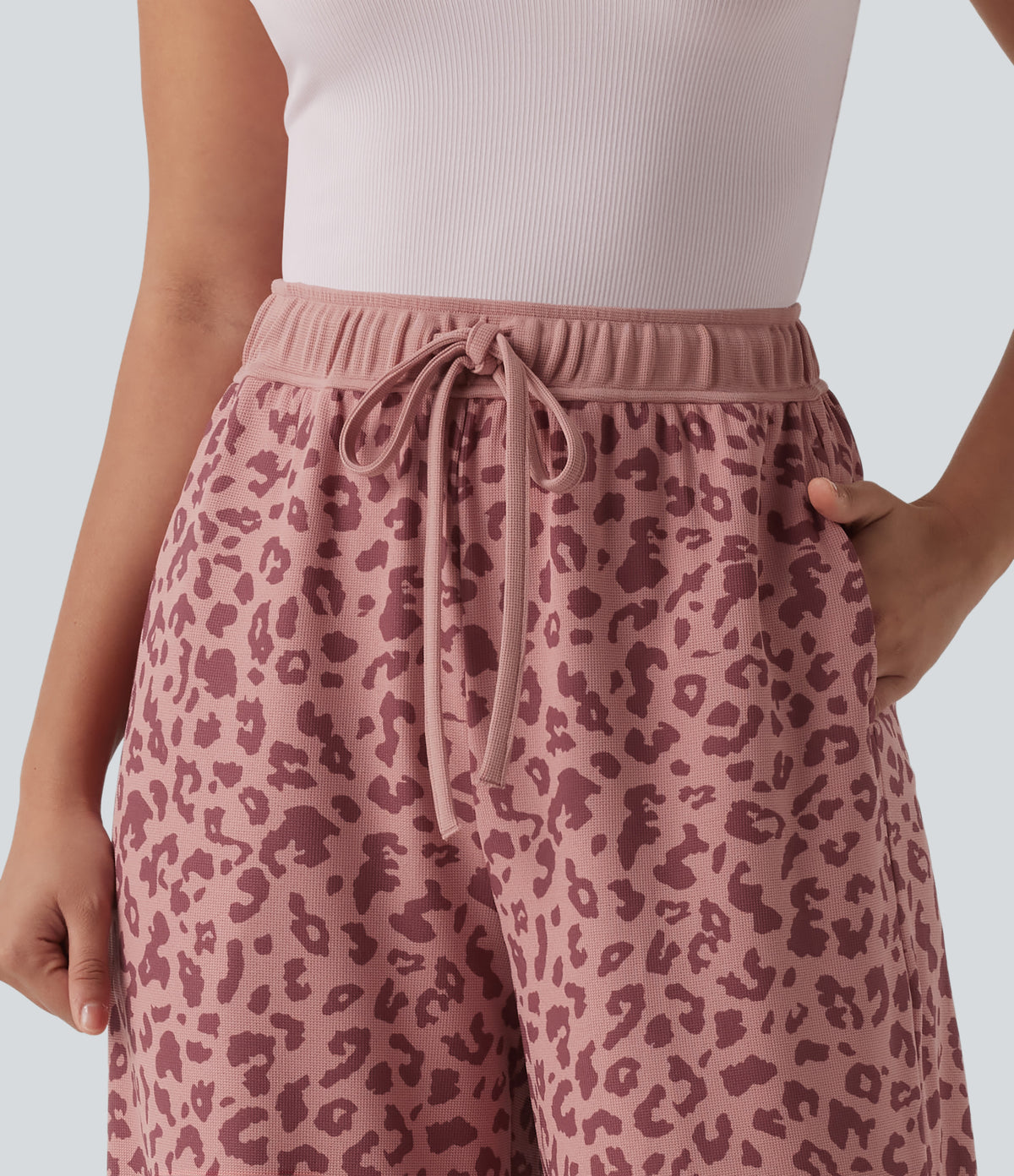 High Waisted Drawstring Wide Leg Leopard Print Waffle Casual Trousers with Pockets — Rose Panther — view 4