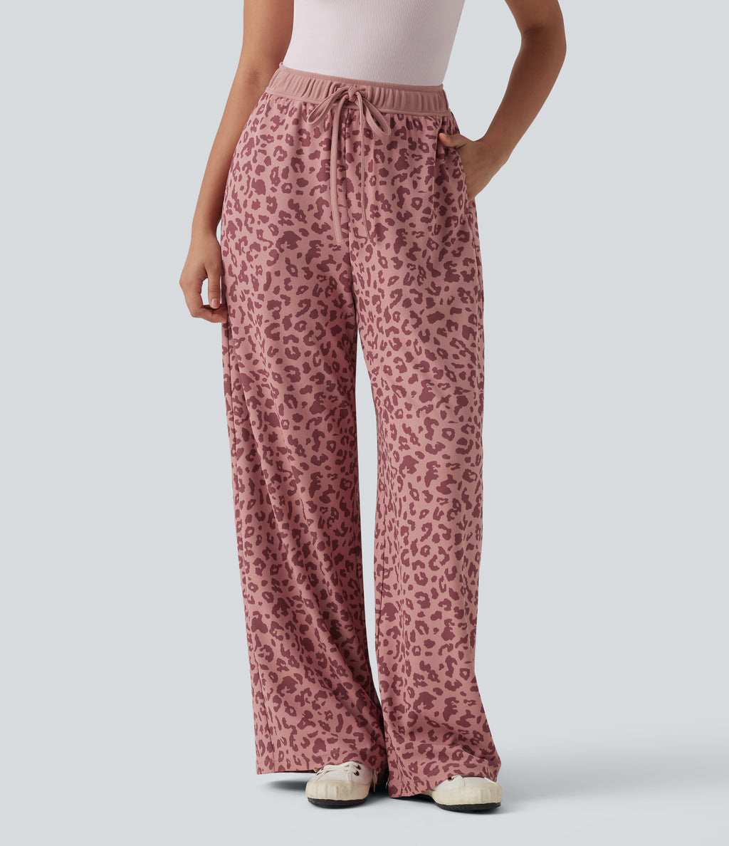 High Waisted Drawstring Wide Leg Leopard Print Waffle Casual Trousers with Pockets — Rose Panther — view 1