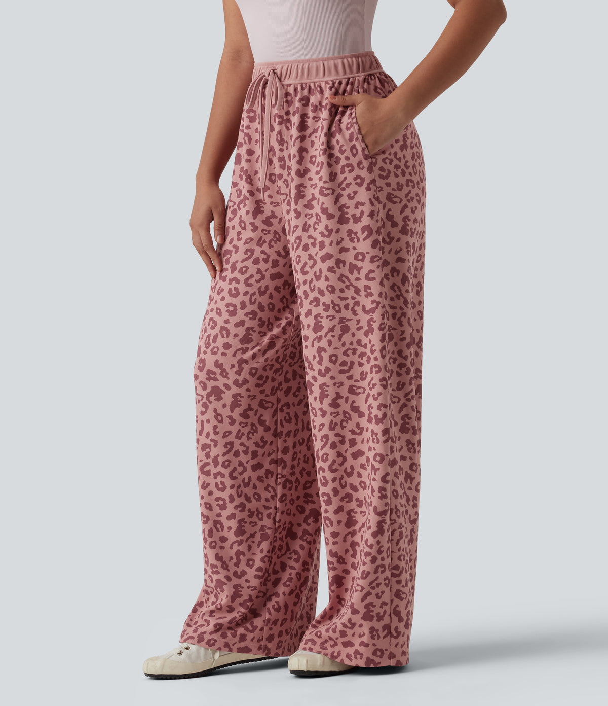 High Waisted Drawstring Wide Leg Leopard Print Waffle Casual Trousers with Pockets — Rose Panther — view 3