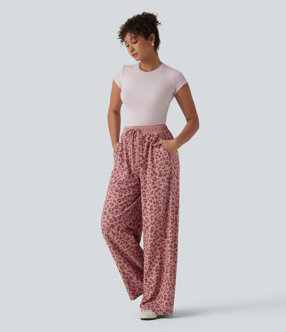 High Waisted Drawstring Wide Leg Leopard Print Waffle Casual Trousers with Pockets — Rose Panther — view 5