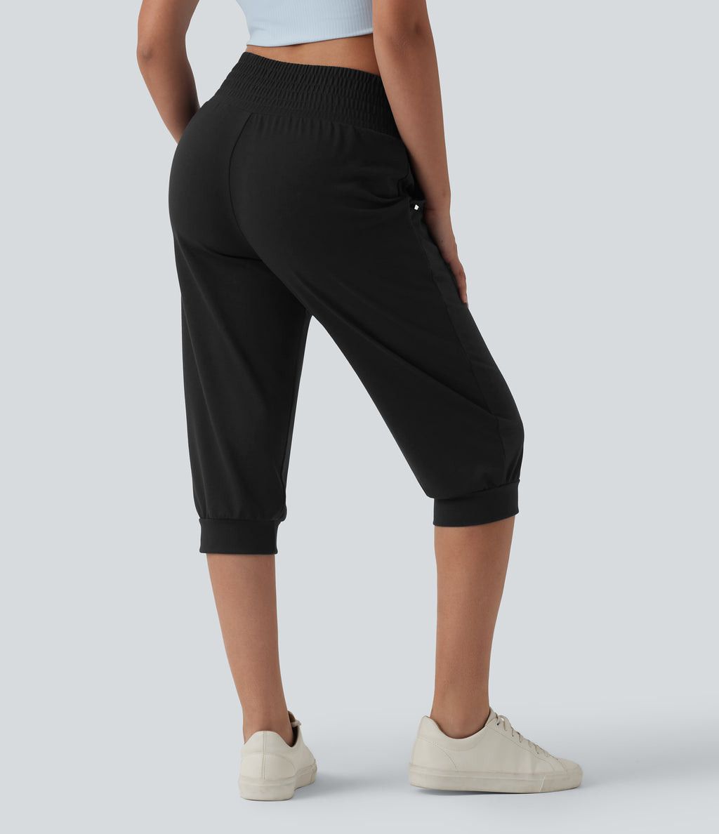 Mid Rise Drawstring Capri Casual Joggers with Pockets — Black — view 2