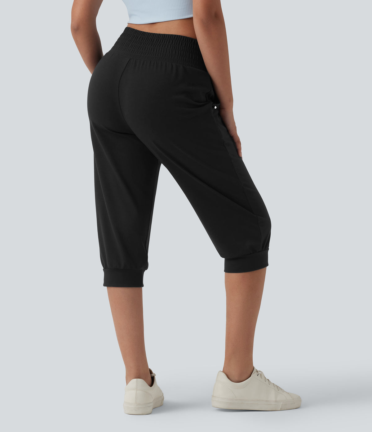 Mid Rise Drawstring Capri Casual Joggers with Pockets — Black — view 2