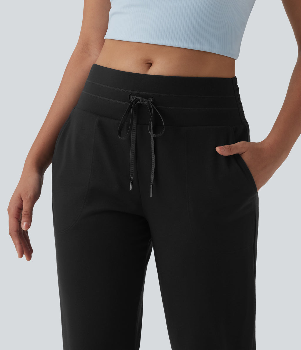 Mid Rise Drawstring Capri Casual Joggers with Pockets — Black — view 5